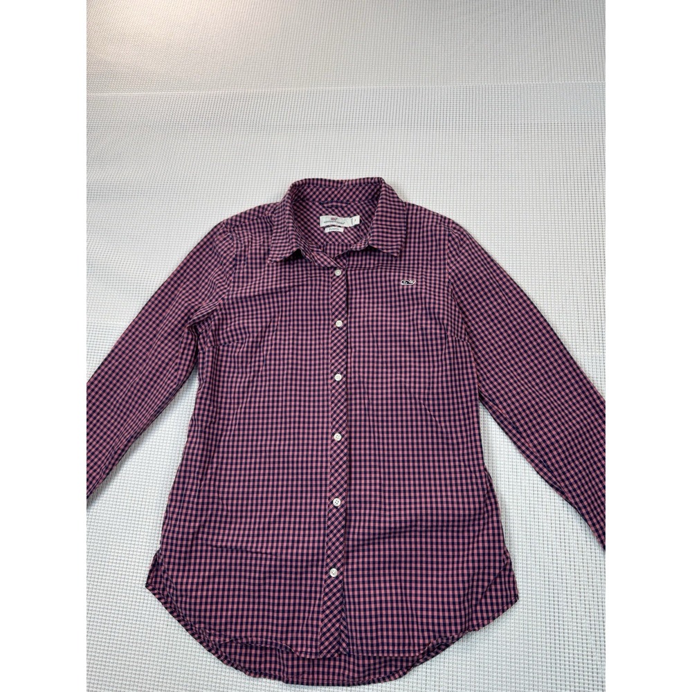 Vineyard Vines Womens 2 Pink Blue Check Button Down Whale Shirt 2W001105